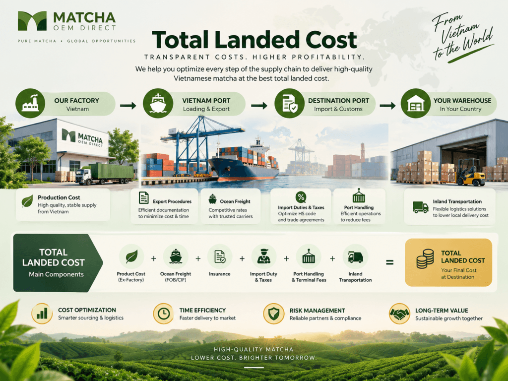 Flowchart demonstrating total landed cost optimization for bulk matcha imports, from Vietnam factory processing to global warehouse delivery